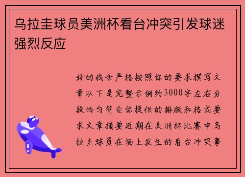乌拉圭球员美洲杯看台冲突引发球迷强烈反应